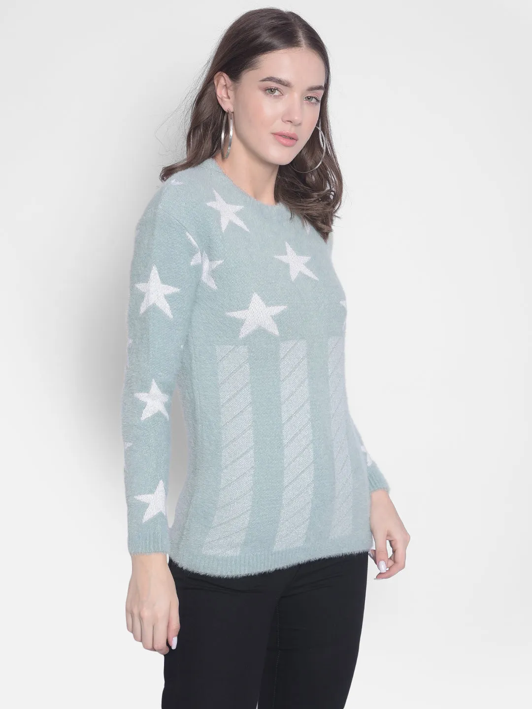 Green Printed Round Neck Sweaters