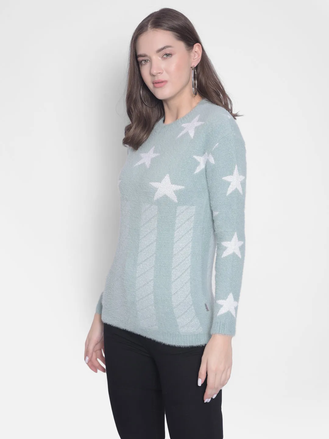 Green Printed Round Neck Sweaters