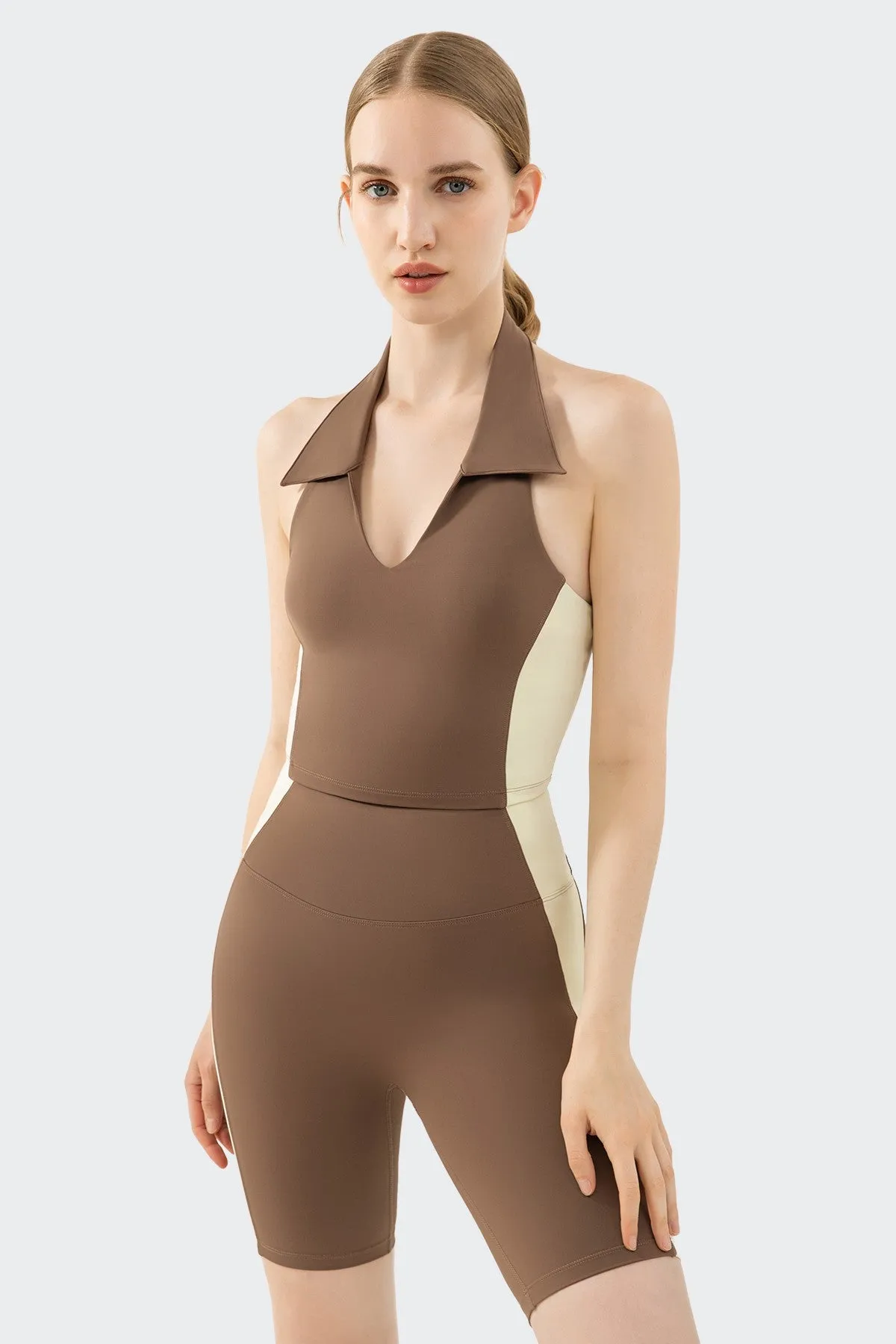 Halter Neck Open Back Tank with Gym Shorts