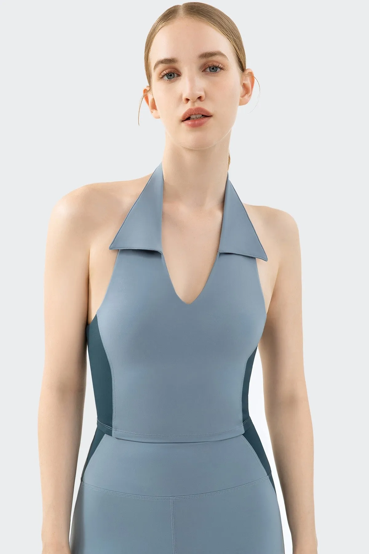 Halter Neck Open Back Tank with Gym Shorts