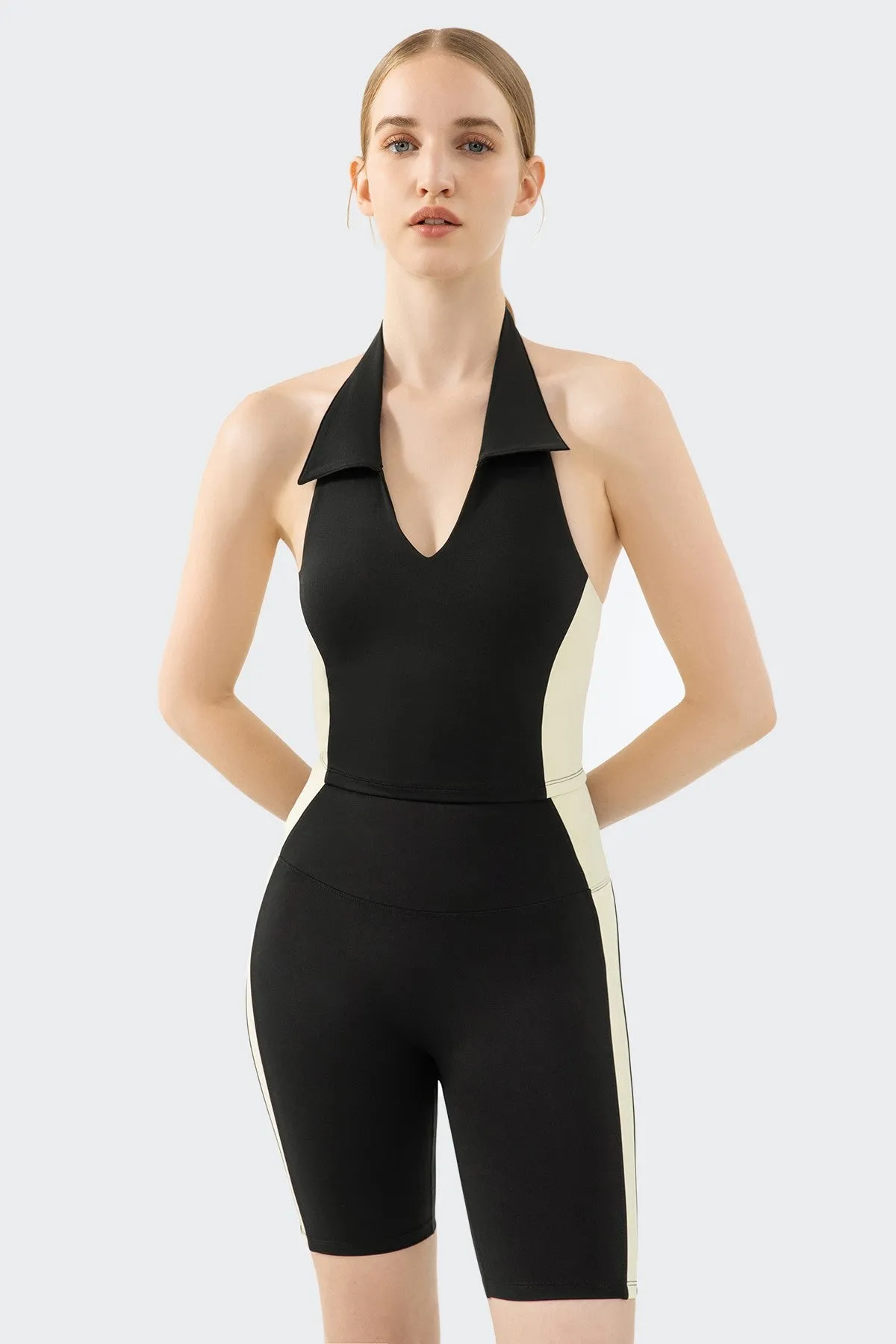 Halter Neck Open Back Tank with Gym Shorts