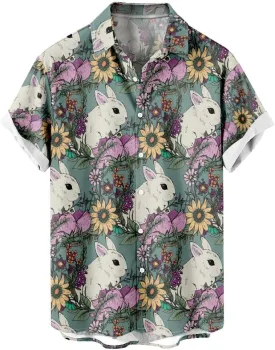 Hawaiian Shirt for Men Easter Short Sleeve Beach Button Down Causal Top Print Tropical Hawaii Shirts Big and Tall