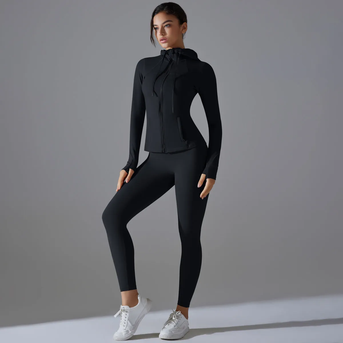 Hooded Yoga Workout Running Sport Long Sleeve Set