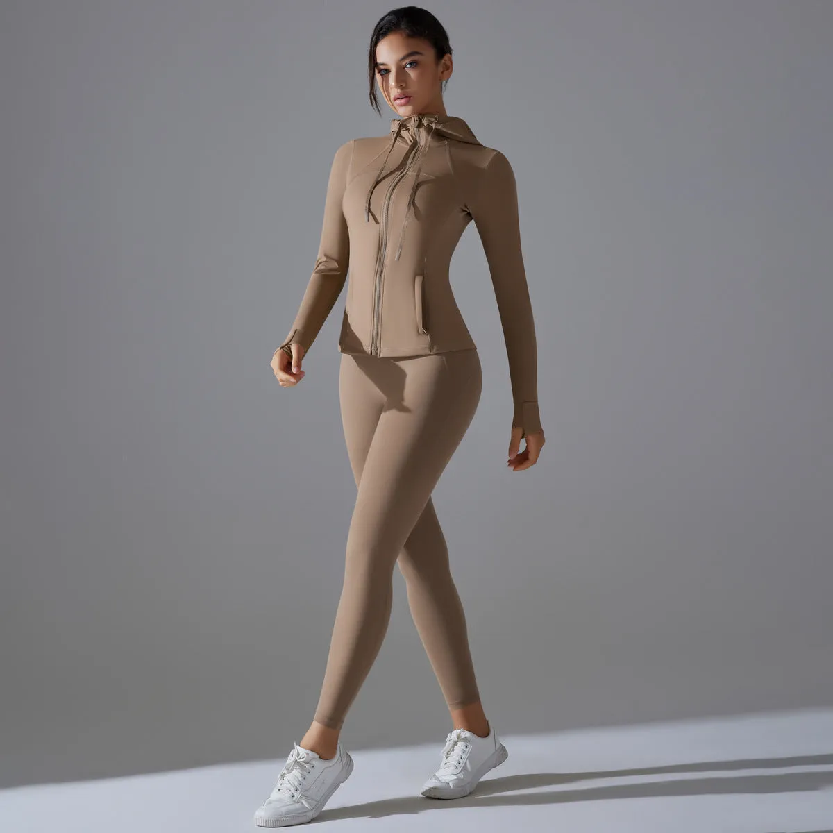 Hooded Yoga Workout Running Sport Long Sleeve Set
