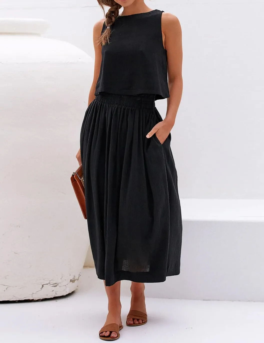 IDEALSANXUN Womens Linen Crop Tank Tops Cute Summer Sleeveless Cropped Linen Tops