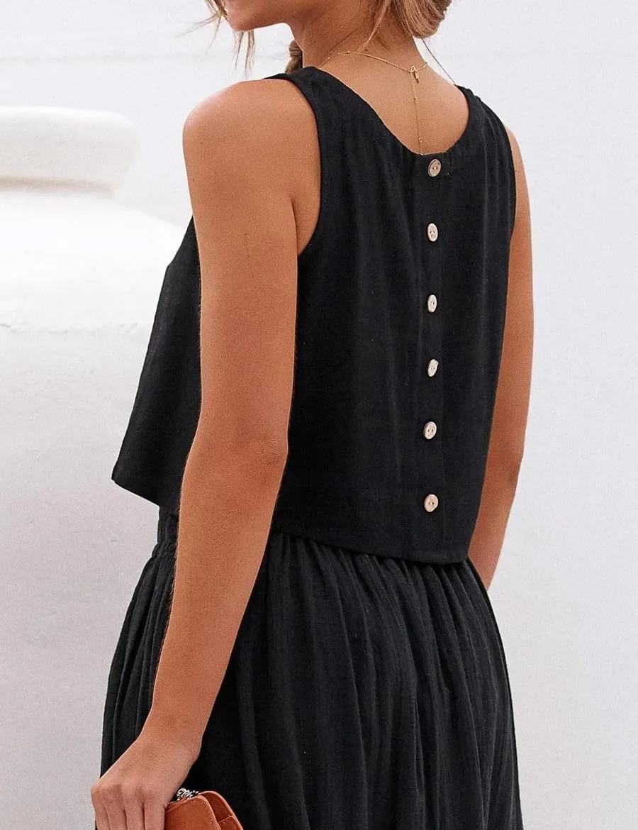 IDEALSANXUN Womens Linen Crop Tank Tops Cute Summer Sleeveless Cropped Linen Tops