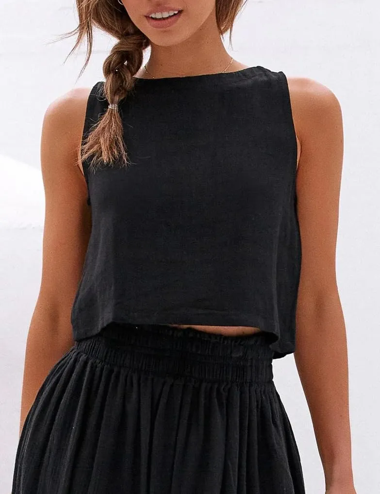 IDEALSANXUN Womens Linen Crop Tank Tops Cute Summer Sleeveless Cropped Linen Tops
