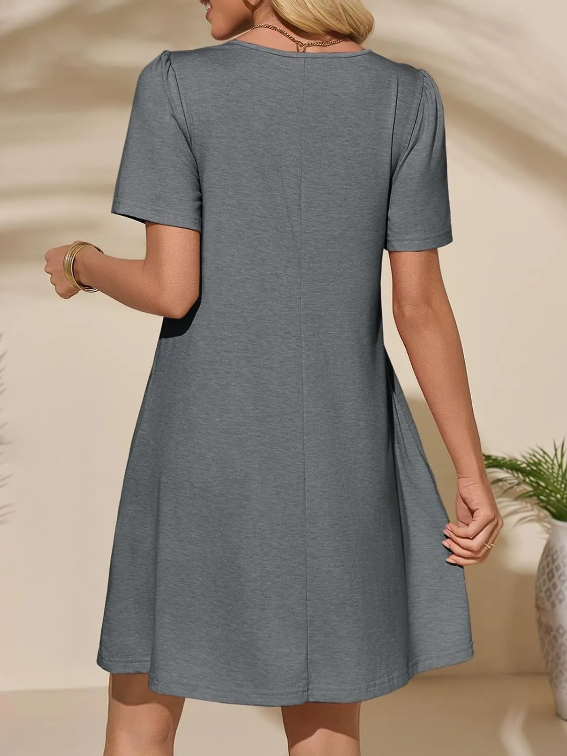 Imily Bela Womens Summer Casual T Shirt Dress Short Sleeve Crewneck Pleated Front Loose Beach Flowy Mini Dresses