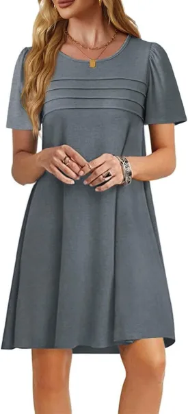 Imily Bela Womens Summer Casual T Shirt Dress Short Sleeve Crewneck Pleated Front Loose Beach Flowy Mini Dresses