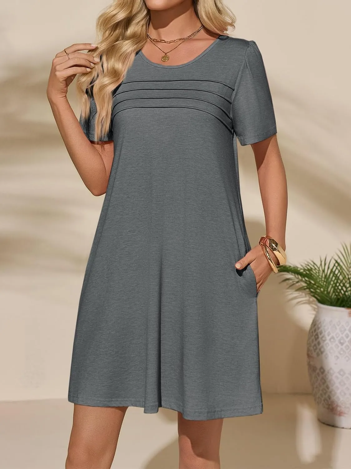 Imily Bela Womens Summer Casual T Shirt Dress Short Sleeve Crewneck Pleated Front Loose Beach Flowy Mini Dresses