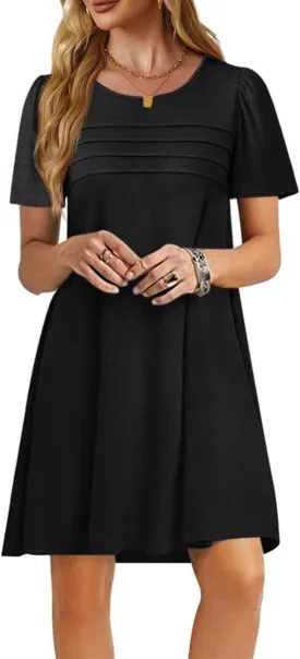 Imily Bela Womens Summer Casual T Shirt Dress Short Sleeve Crewneck Pleated Front Loose Beach Flowy Mini Dresses