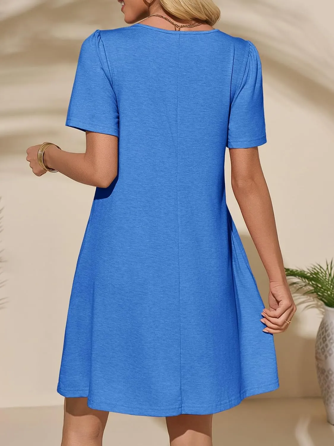 Imily Bela Womens Summer Casual T Shirt Dress Short Sleeve Crewneck Pleated Front Loose Beach Flowy Mini Dresses