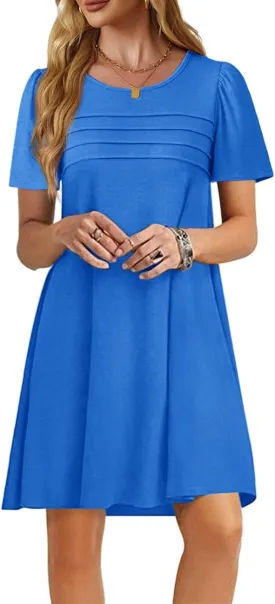 Imily Bela Womens Summer Casual T Shirt Dress Short Sleeve Crewneck Pleated Front Loose Beach Flowy Mini Dresses