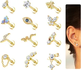 JeryWe 12Pcs 16G Cartilage Earrings Stud for Women Surgical Steel Top Screw Flat Back Earrings Bee Butterfly Snake Evil Eye Opal CZ Cartilage Earrings Tragus Helix Piercing Jewelry