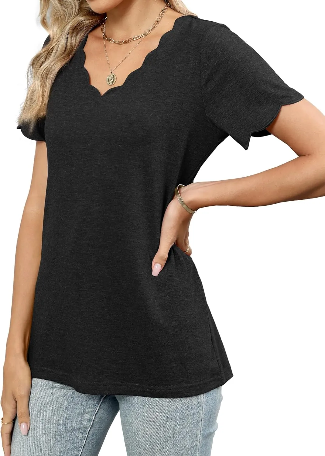 JomeDesign Womens Tops Casual V Neck Blouse Tredny Fasion Short Sleeve Loose Fit Tshirts Beach Vaction Clothes