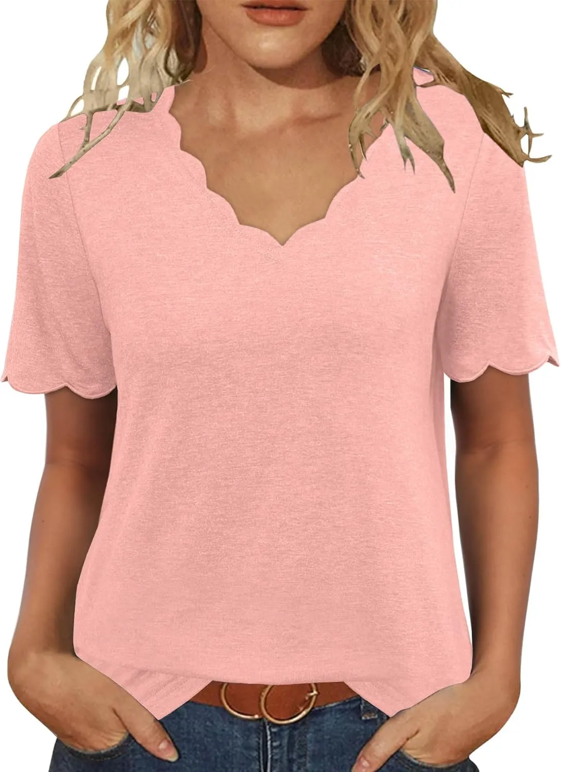 JomeDesign Womens Tops Casual V Neck Blouse Tredny Fasion Short Sleeve Loose Fit Tshirts Beach Vaction Clothes
