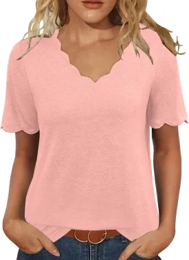 JomeDesign Womens Tops Casual V Neck Blouse Tredny Fasion Short Sleeve Loose Fit Tshirts Beach Vaction Clothes