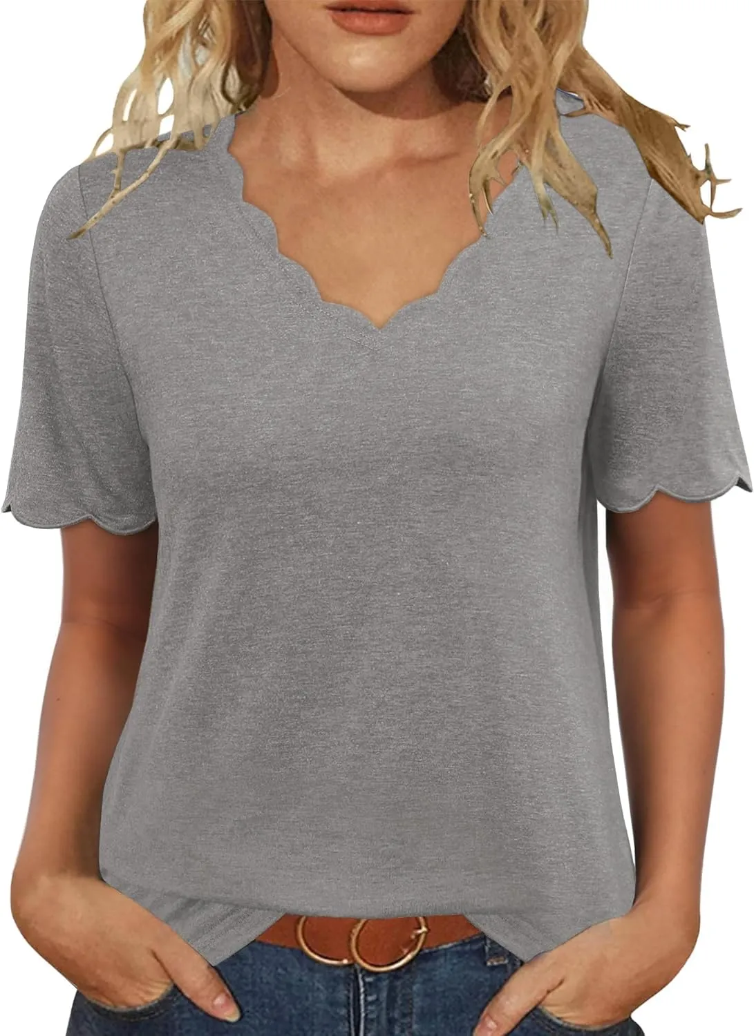 JomeDesign Womens Tops Casual V Neck Blouse Tredny Fasion Short Sleeve Loose Fit Tshirts Beach Vaction Clothes