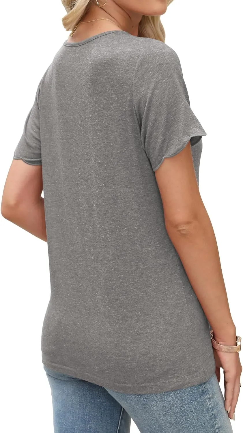 JomeDesign Womens Tops Casual V Neck Blouse Tredny Fasion Short Sleeve Loose Fit Tshirts Beach Vaction Clothes