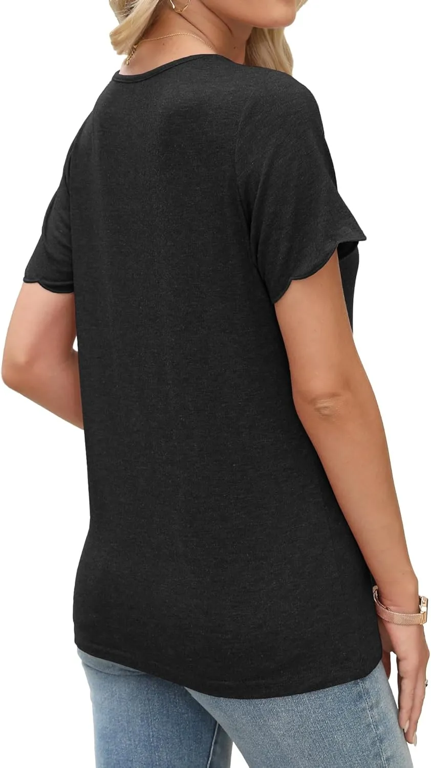 JomeDesign Womens Tops Casual V Neck Blouse Tredny Fasion Short Sleeve Loose Fit Tshirts Beach Vaction Clothes
