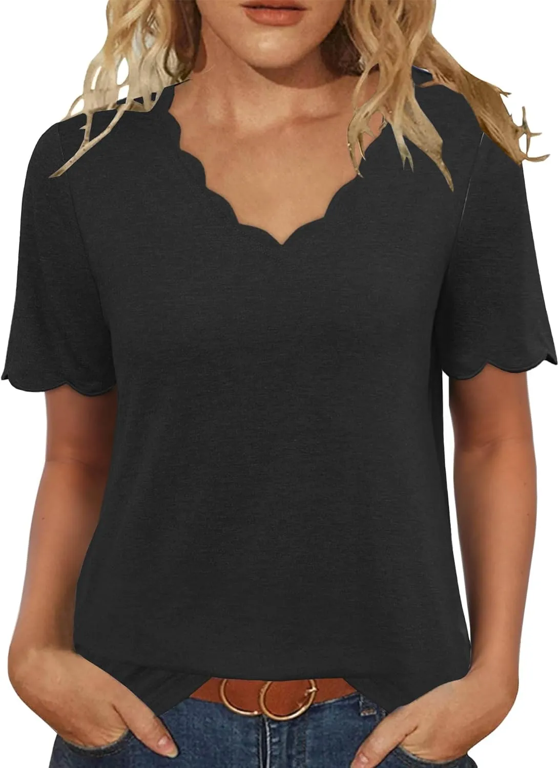 JomeDesign Womens Tops Casual V Neck Blouse Tredny Fasion Short Sleeve Loose Fit Tshirts Beach Vaction Clothes