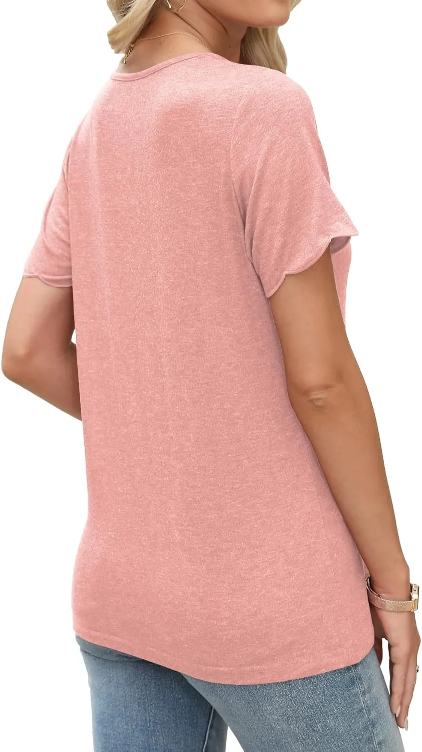 JomeDesign Womens Tops Casual V Neck Blouse Tredny Fasion Short Sleeve Loose Fit Tshirts Beach Vaction Clothes