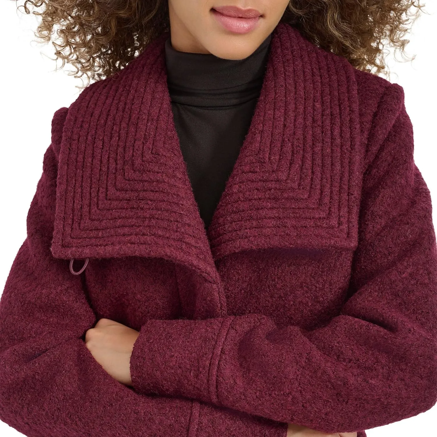 Kenneth Cole Women's Pressed Boucle Wool Coat with Oversized Wing Collar