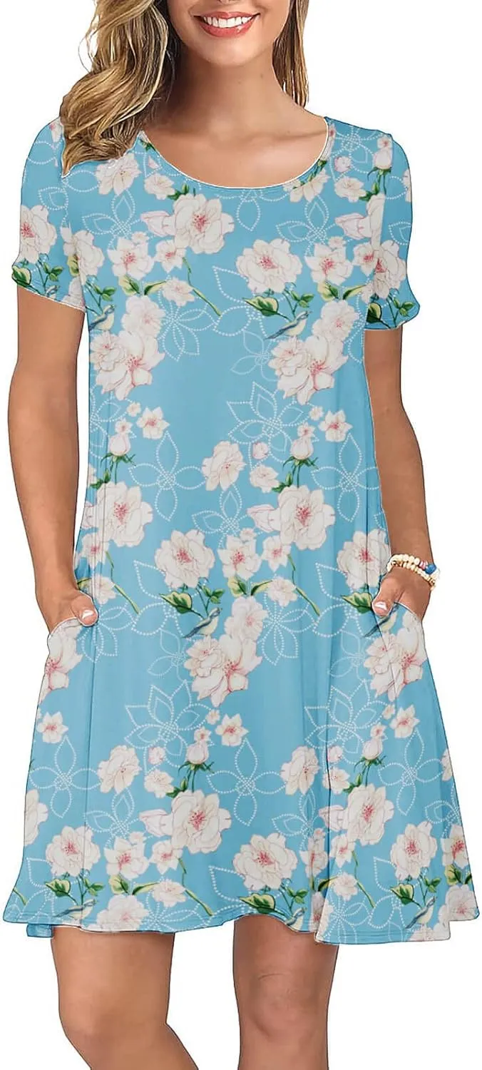 KORSIS Summer Dresses for Women Casual T Shirt Dresses Swing Flowy Beach Vacation Sundress with Pockets
