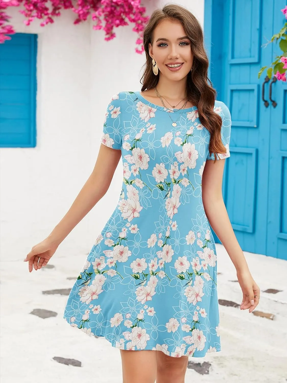 KORSIS Summer Dresses for Women Casual T Shirt Dresses Swing Flowy Beach Vacation Sundress with Pockets