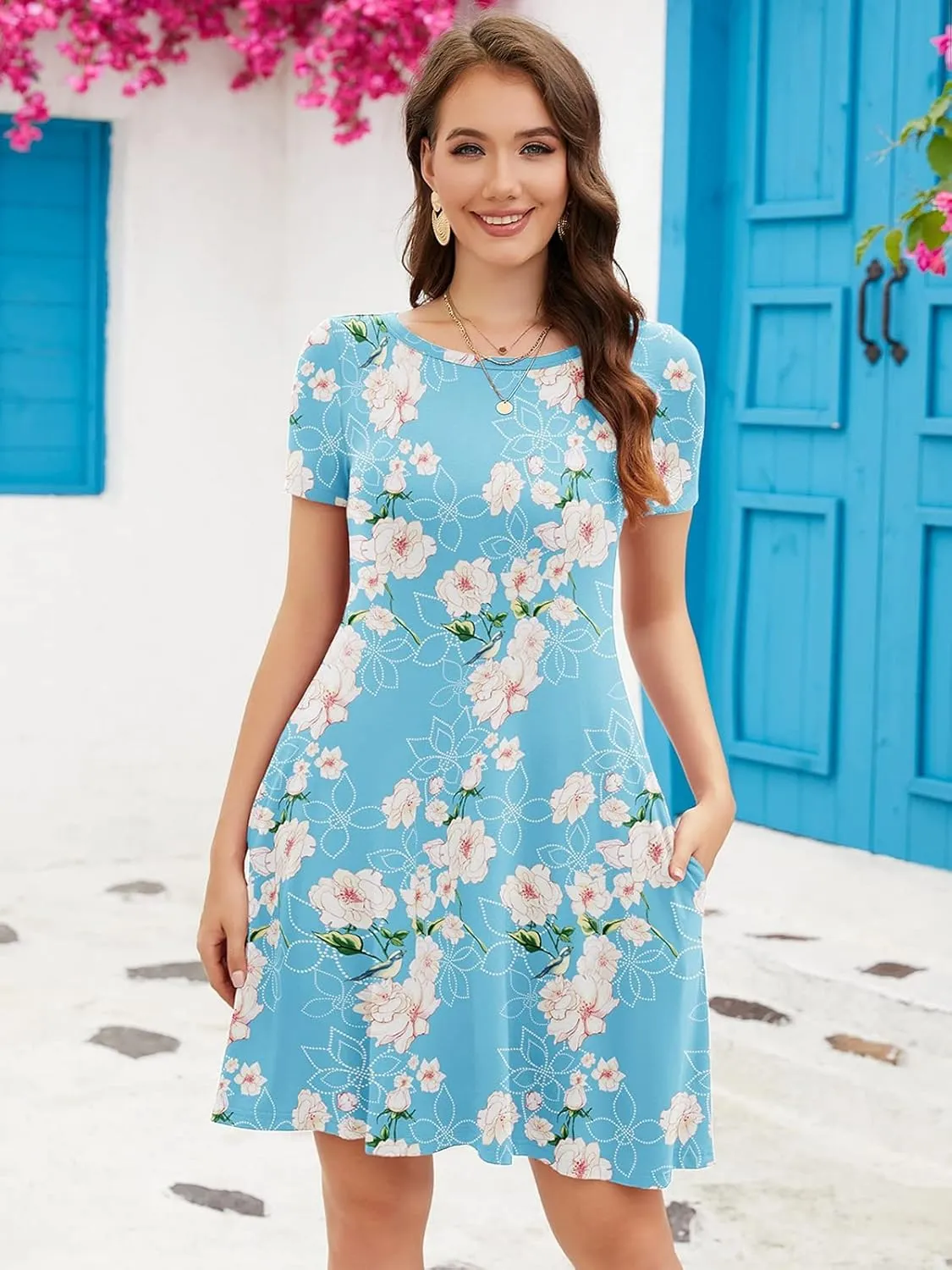 KORSIS Summer Dresses for Women Casual T Shirt Dresses Swing Flowy Beach Vacation Sundress with Pockets