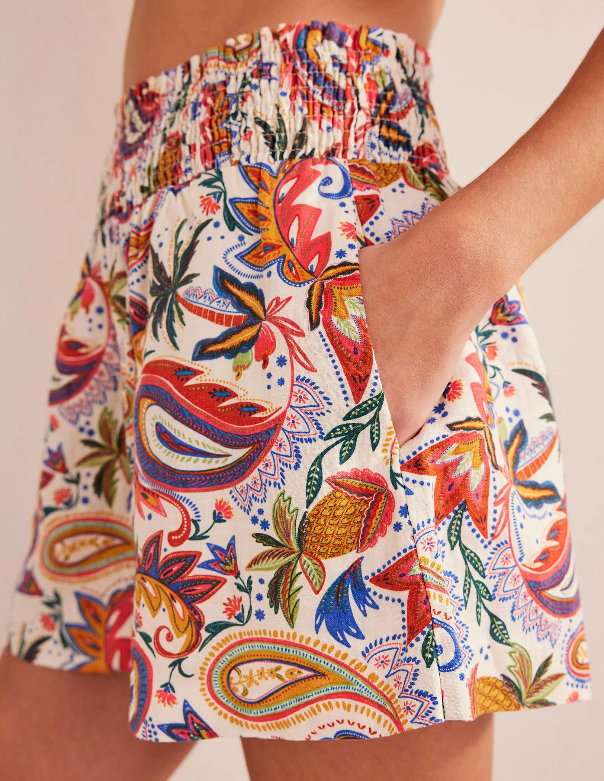 Linen Shirred Waist Shorts-Ivory Conversational Print