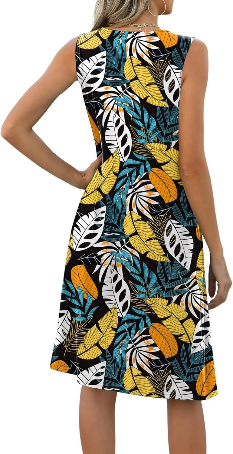 LOMON Womens Casual Summer Dresses Floral Beach Sleeveless Crewneck Pleated Tshirt Sundresses with Pockets