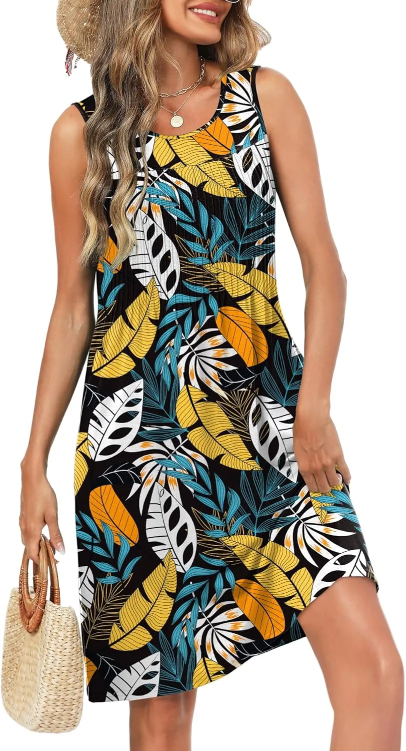 LOMON Womens Casual Summer Dresses Floral Beach Sleeveless Crewneck Pleated Tshirt Sundresses with Pockets