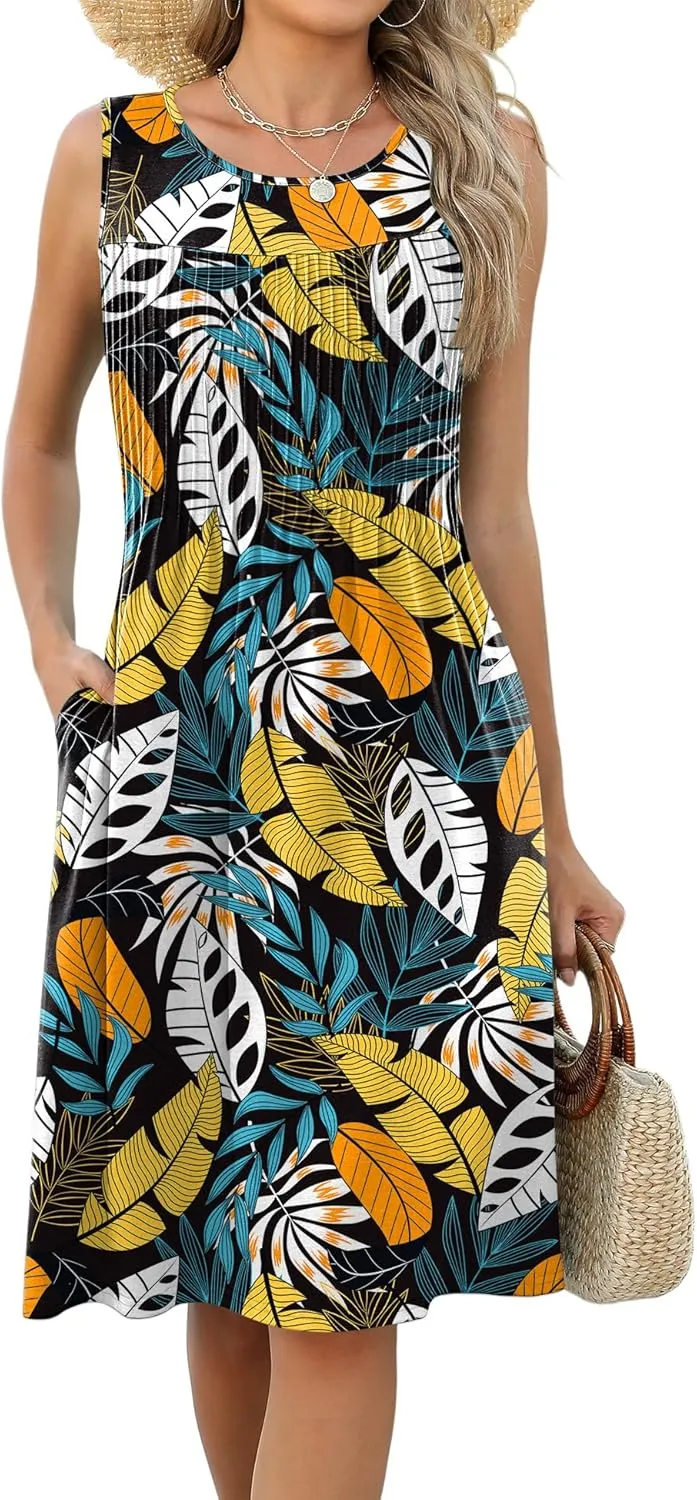 LOMON Womens Casual Summer Dresses Floral Beach Sleeveless Crewneck Pleated Tshirt Sundresses with Pockets