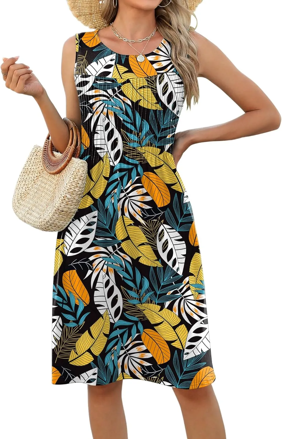 LOMON Womens Casual Summer Dresses Floral Beach Sleeveless Crewneck Pleated Tshirt Sundresses with Pockets