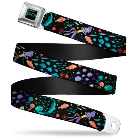 LUCA Text Logo Full Color Black/Aqua Seatbelt Belt - Luca Isola del Mar Luca and Alberto Sea Monsters School of Fish Collage Black Webbing