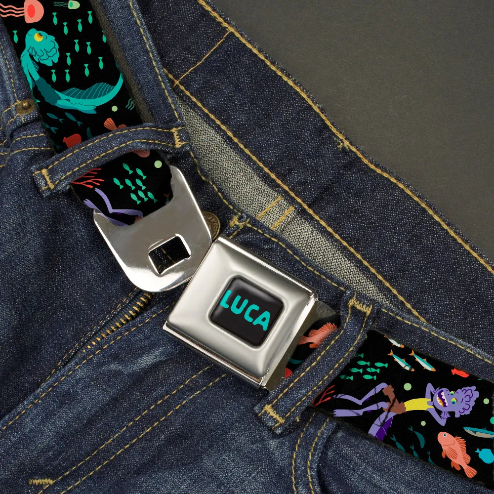 LUCA Text Logo Full Color Black/Aqua Seatbelt Belt - Luca Isola del Mar Luca and Alberto Sea Monsters School of Fish Collage Black Webbing