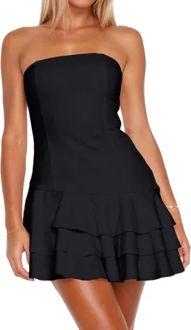 Meladyan Women's 2025 Summer Strapless Tube Dress Sexy Off Shoulder Ruffle Tiered Flowy Mini Dresses