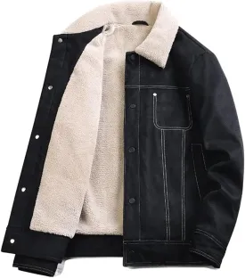 Men Winter Lambswool Warm Leather Jackets Fleece Lined Thick Outwear Thermal Tops