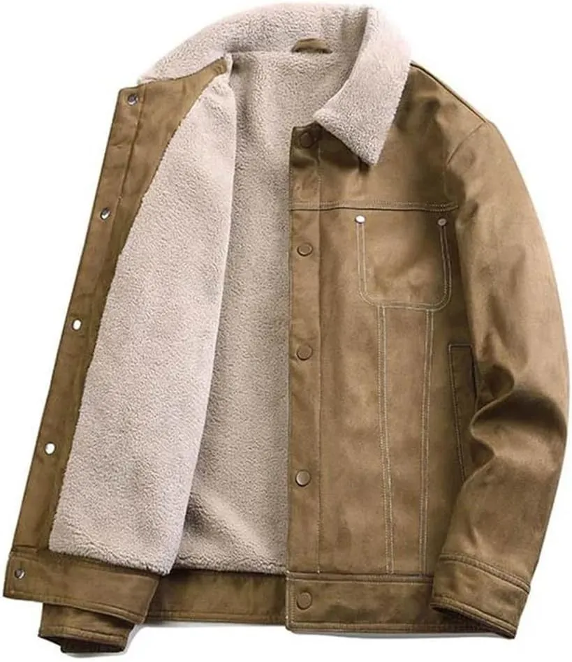 Men Winter Lambswool Warm Leather Jackets Fleece Lined Thick Outwear Thermal Tops