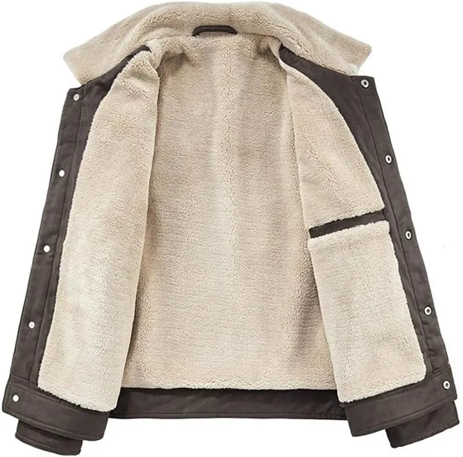 Men Winter Lambswool Warm Leather Jackets Fleece Lined Thick Outwear Thermal Tops