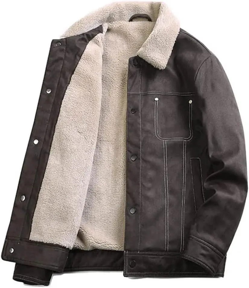 Men Winter Lambswool Warm Leather Jackets Fleece Lined Thick Outwear Thermal Tops