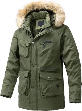 Men's Thick Thermal Jacket Winter Warm Windbreak Zip Front Fleece Lined Military Jacket with Removable Fur Hooded