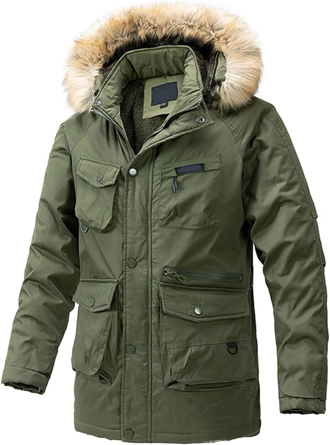 Men's Thick Thermal Jacket Winter Warm Windbreak Zip Front Fleece Lined Military Jacket with Removable Fur Hooded