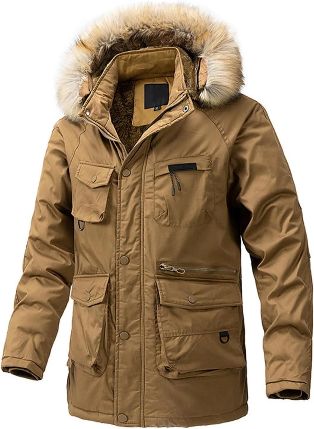 Men's Thick Thermal Jacket Winter Warm Windbreak Zip Front Fleece Lined Military Jacket with Removable Fur Hooded