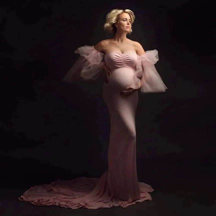 Mqtime  Elegant Pink Mermaid Maternity Dresses for Photoshoot Detachable Sleeves Sweetheart Maternity Photography Dress Babyshower Gowns