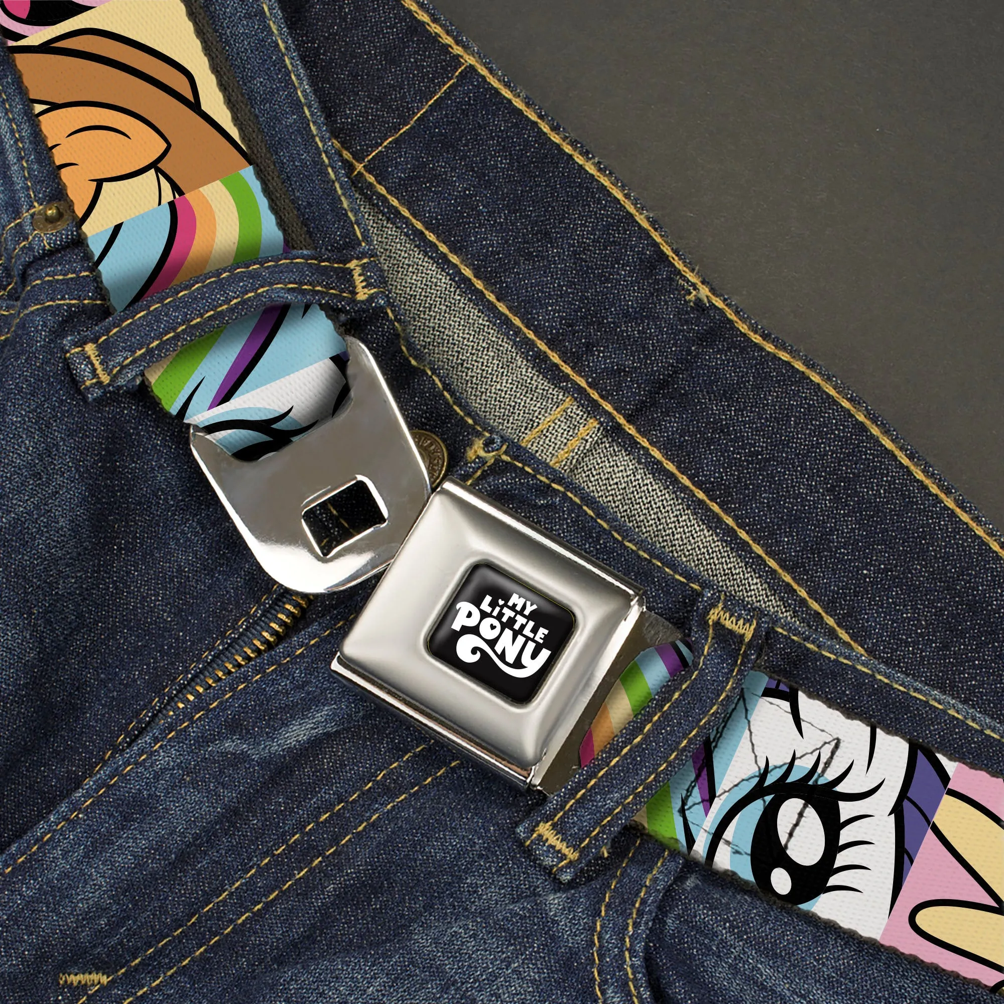 MY LITTLE PONY Title Logo Full Color Black/Purple/White Seatbelt Belt - My Little Pony Mane Six Character Close-Up Blocks Multi Color Webbing