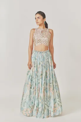 Nakshi   Kardana Embroidery Crop Top Gathered Muslin Silk Skirt