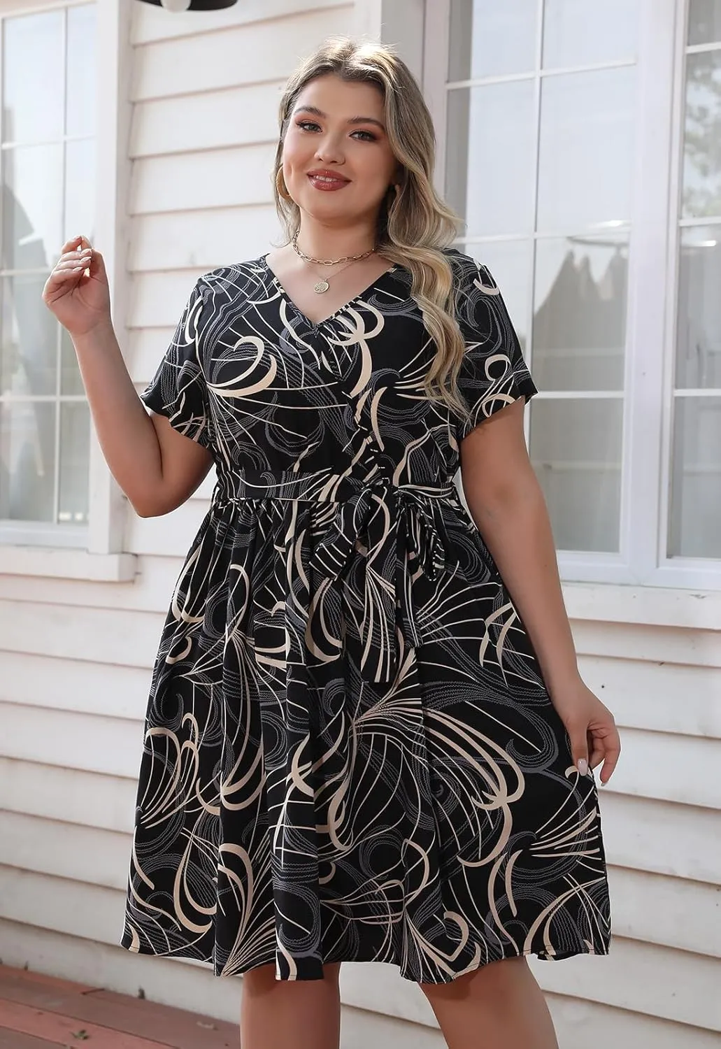 Nemidor Womens Casual Plus Size Summer Boho Swing Wrap Dress Floral Print with Pockets NEM295
