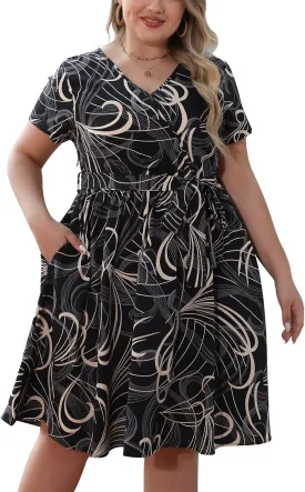 Nemidor Womens Casual Plus Size Summer Boho Swing Wrap Dress Floral Print with Pockets NEM295